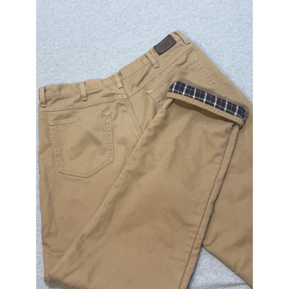 LL Bean Flannel Lined Chino Pants Mens 38x36 Khaki‎ Tan Plaid Natural Fit Cotton